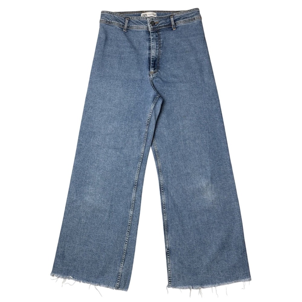 Zara Wide Leg Jeans High Waist Flat Front Blue Wash Back Pockets Clean Girl 12